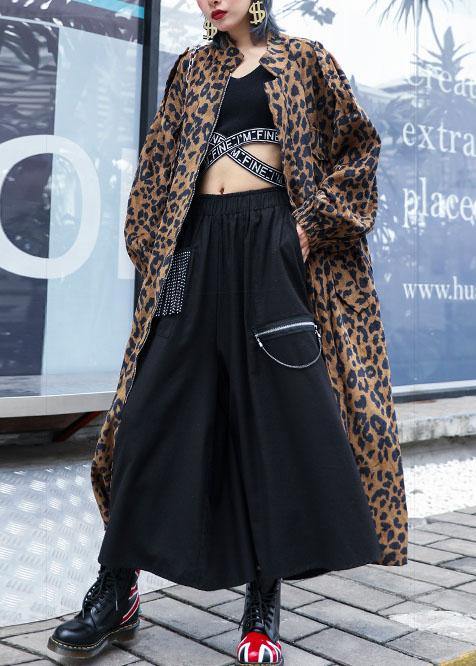 French Leopard Plus Size trench coat Gifts zippered fall coat - SooLinen