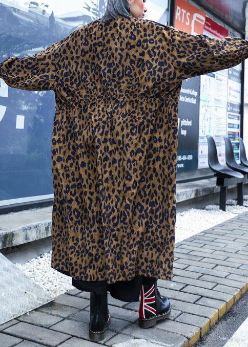 French Leopard Plus Size trench coat Gifts zippered fall coat - SooLinen