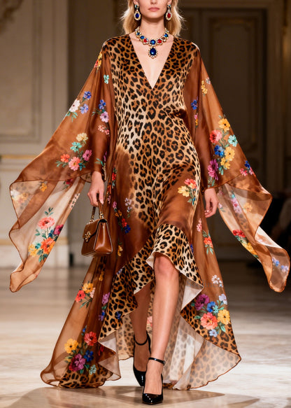 French Leopard Print V Neck Asymmetrical Design Patchwork Chiffon Dress Summer