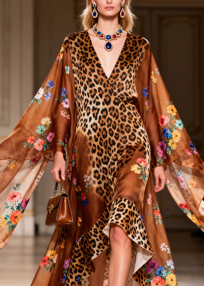 French Leopard Print V Neck Asymmetrical Design Patchwork Chiffon Dress Summer