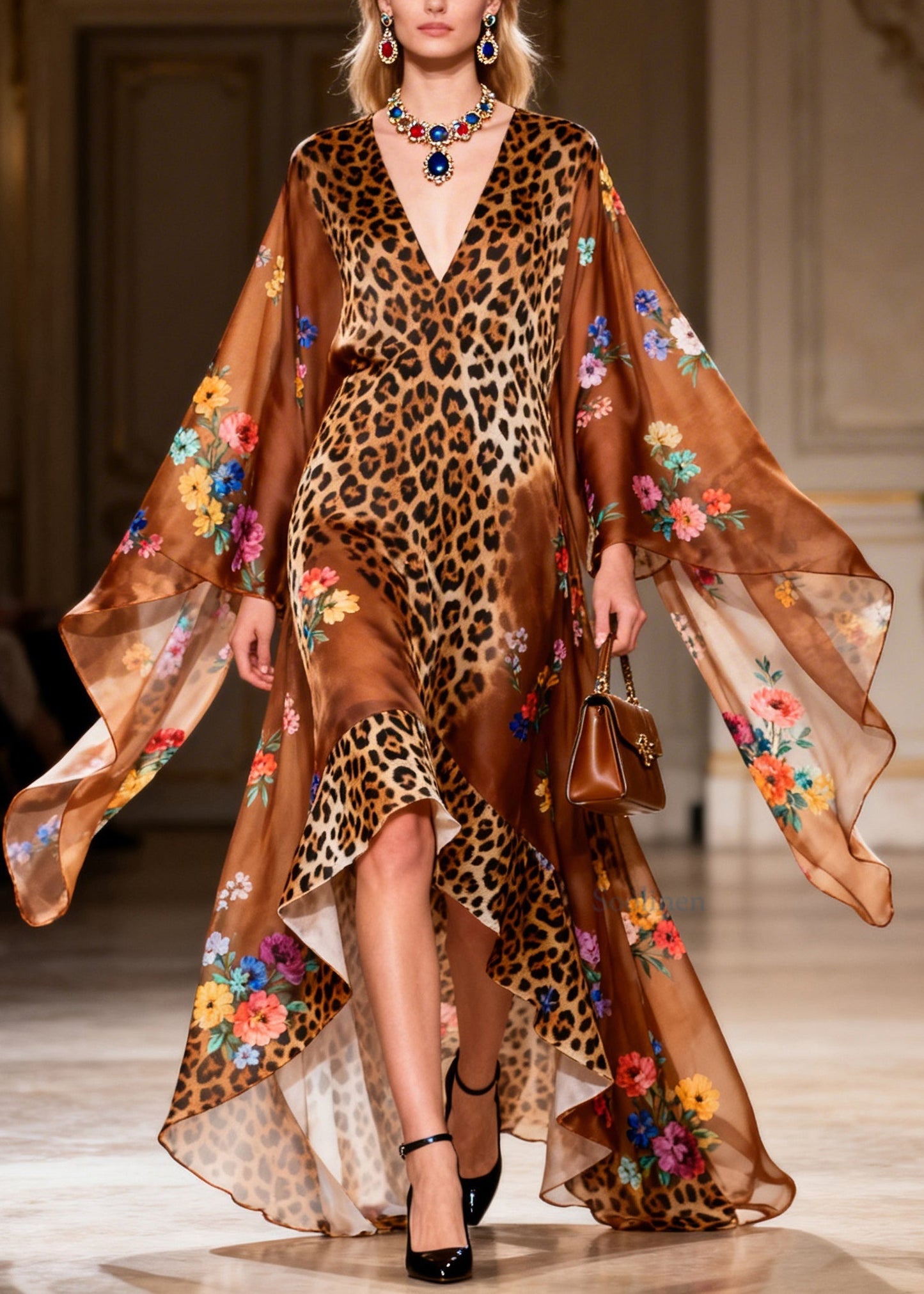 French Leopard Print V Neck Asymmetrical Design Patchwork Chiffon Dress Summer