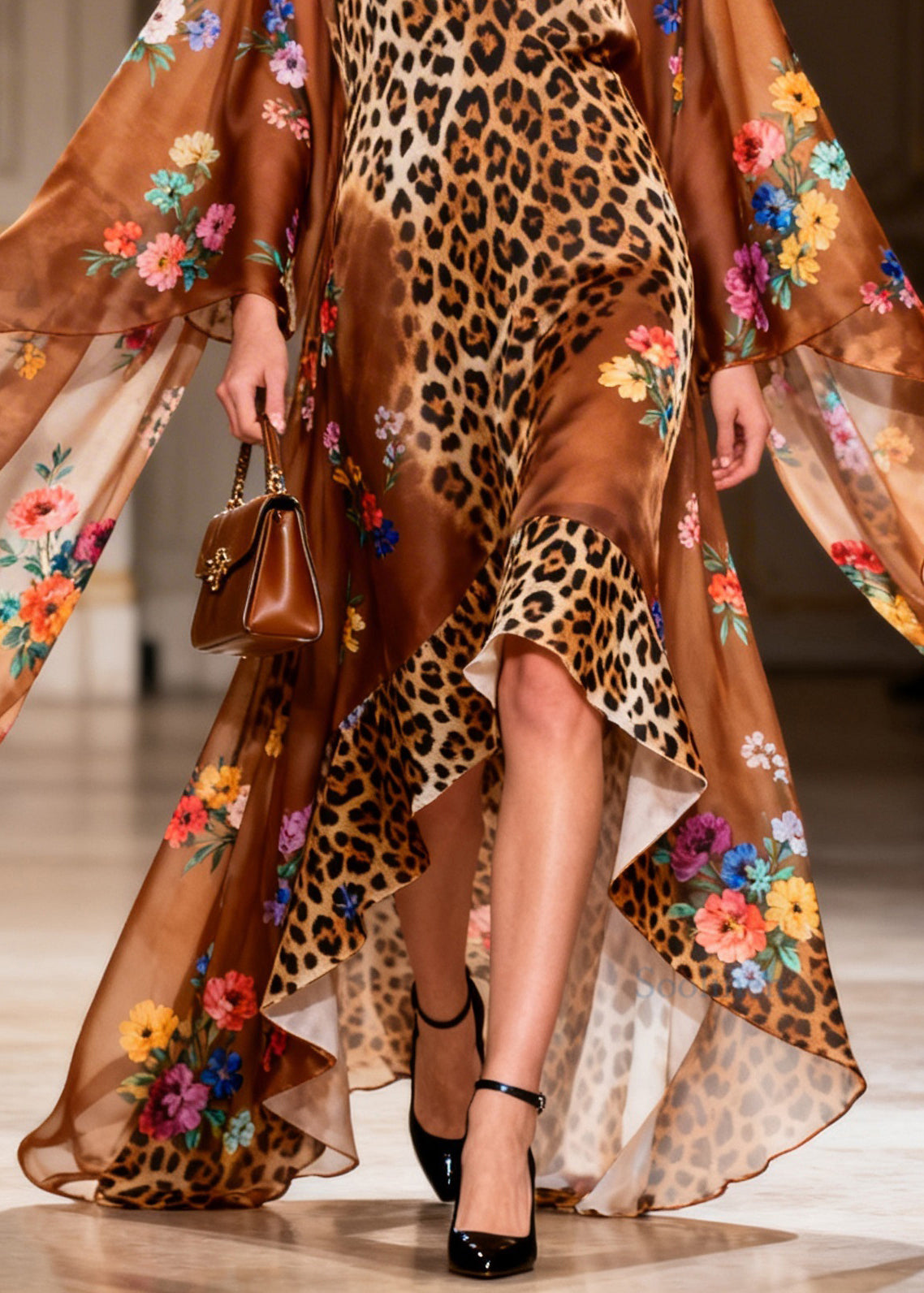French Leopard Print V Neck Asymmetrical Design Patchwork Chiffon Dress Summer