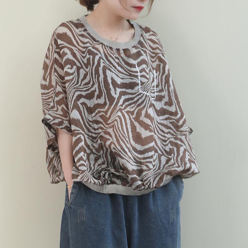 French Leopard linen tunic top o neck Batwing Sleeve box shirt - SooLinen