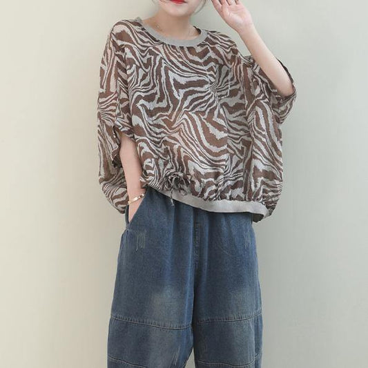 French Leopard linen tunic top o neck Batwing Sleeve box shirt - SooLinen