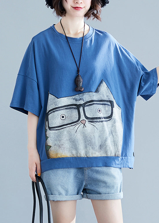 Französisches hellblaues Tanktop mit O-Ausschnitt und seitlich offener Figuraufdruck, kurze Ärmel