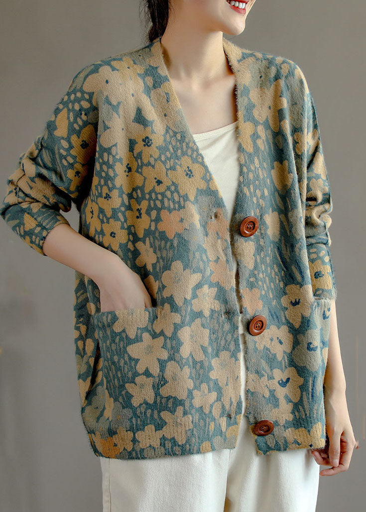 Französisch Hellblau V-Ausschnitt Print Nerz Haar Strickjacke Frühling