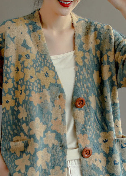 Französisch Hellblau V-Ausschnitt Print Nerz Haar Strickjacke Frühling