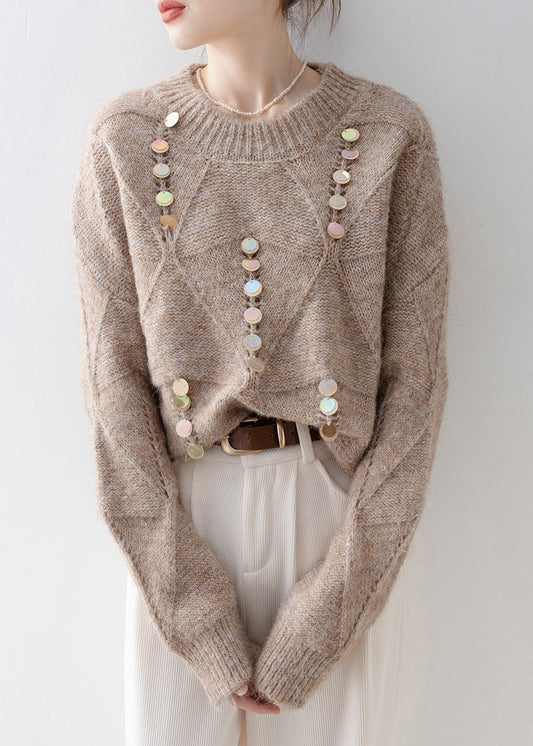 French Light Camel O Neck Sequins Knit Sweater Spring