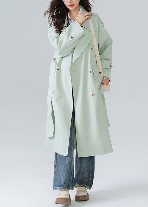 French Light Green Double Breast Tie Waist Cotton Trench Spring