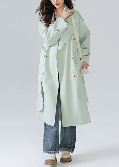 French Light Green Double Breast Tie Waist Cotton Trench Spring