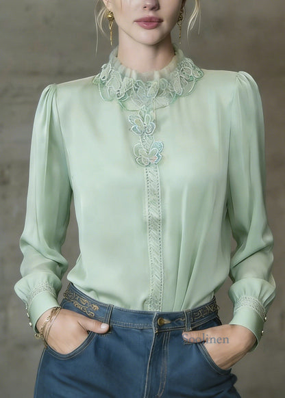 French Light Green Ruffled Butterfly Silk Shirt Top Spring