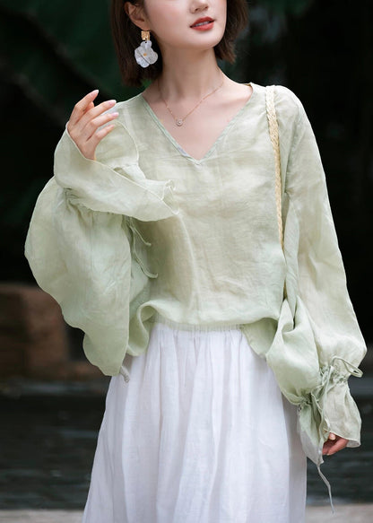 French Light Green V Neck Cinched Linen Shirt Flare Sleeve