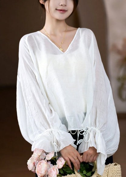 French Light Green V Neck Cinched Linen Shirt Flare Sleeve