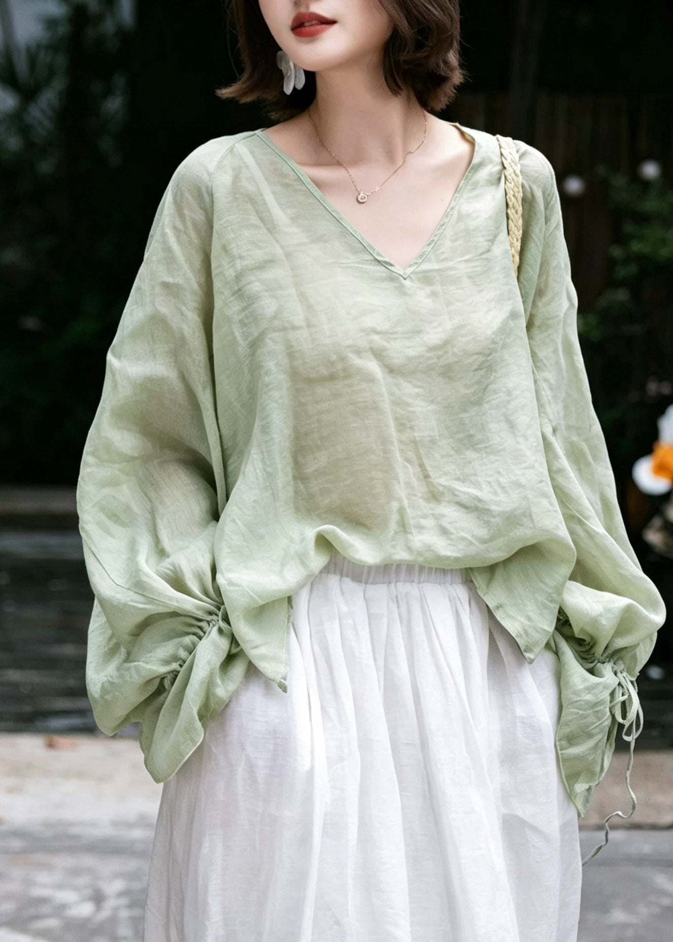 French Light Green V Neck Cinched Linen Shirt Flare Sleeve