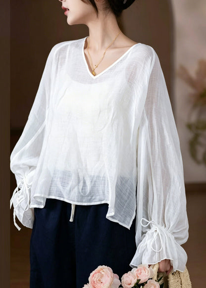 French Light Green V Neck Cinched Linen Shirt Flare Sleeve
