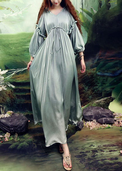 Französisch Hellgrün V-Ausschnitt Falten Cinched Seide Lange Kleider Frühling