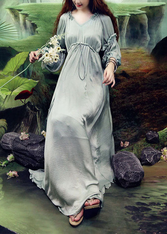 Französisch Hellgrün V-Ausschnitt Falten Cinched Seide Lange Kleider Frühling