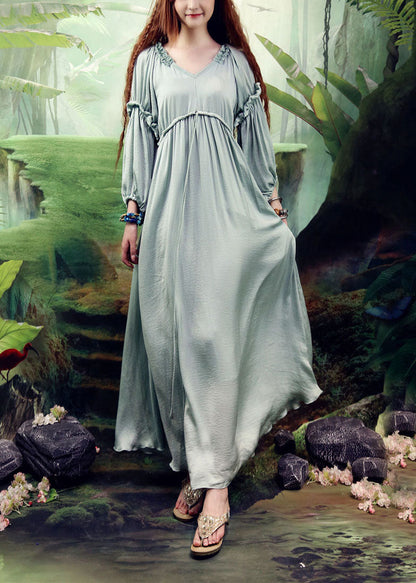 Französisch Hellgrün V-Ausschnitt Falten Cinched Seide Lange Kleider Frühling