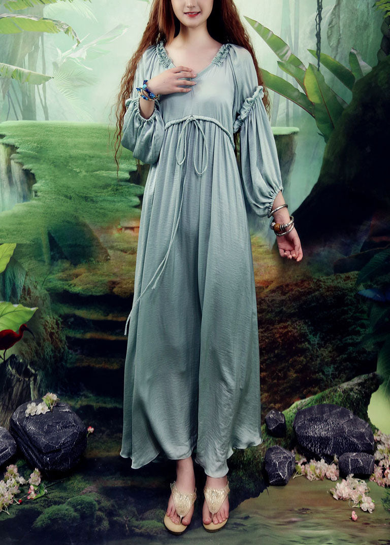 Französisch Hellgrün V-Ausschnitt Falten Cinched Seide Lange Kleider Frühling