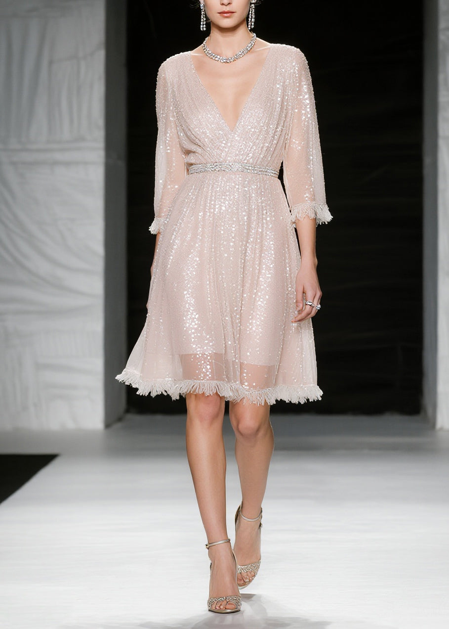 French Light Pink Sequins Tasseled Tulle Evening Dress Summer