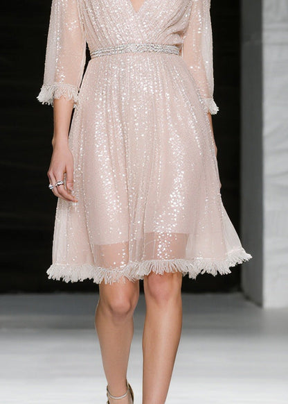 French Light Pink Sequins Tasseled Tulle Evening Dress Summer