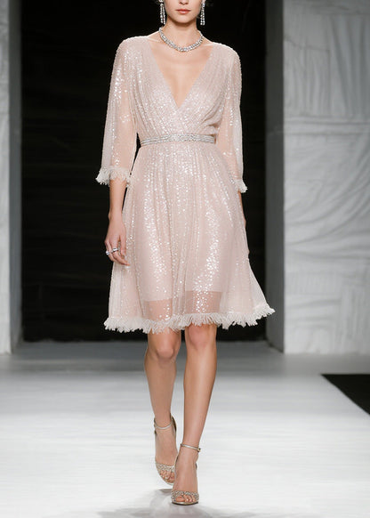 French Light Pink Sequins Tasseled Tulle Evening Dress Summer