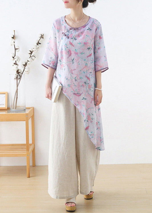 French Light Purple Print Oriental asymmetrical design Top Ramie Short Sleeve - SooLinen