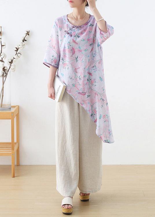 French Light Purple Print Oriental asymmetrical design Top Ramie Short Sleeve - SooLinen