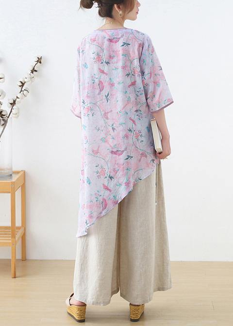 French Light Purple Print Oriental asymmetrical design Top Ramie Short Sleeve - SooLinen