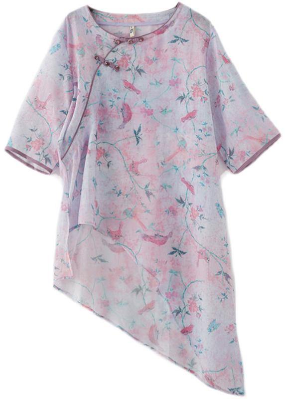 French Light Purple Print Oriental asymmetrical design Top Ramie Short Sleeve - SooLinen