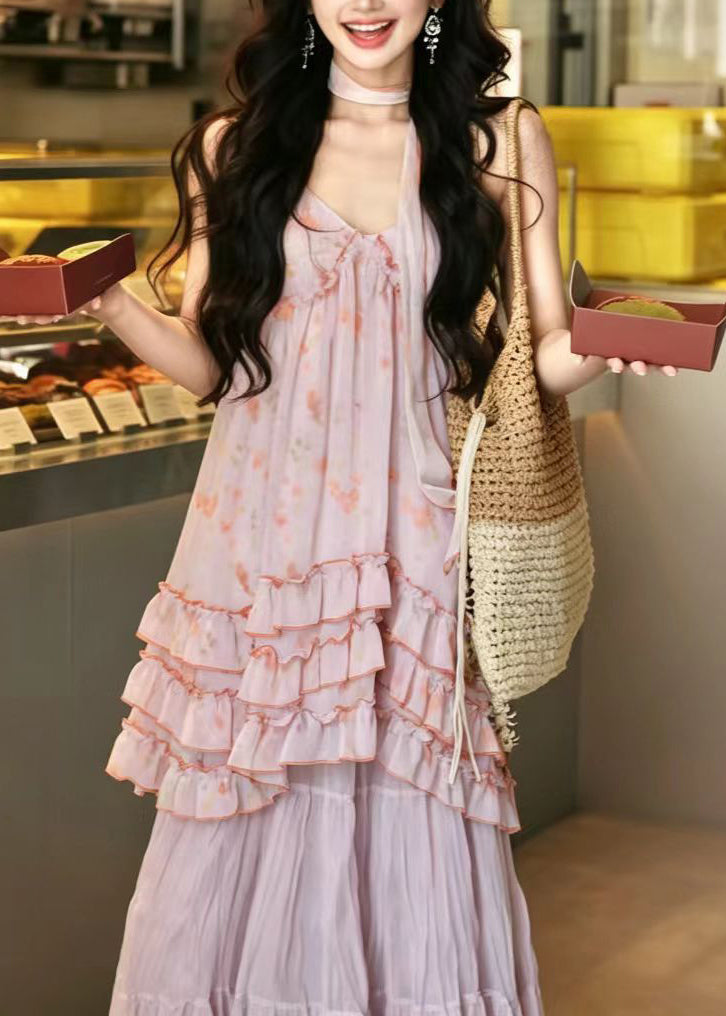 French Light Purple Ruffled Print Chiffon Two Pieces Set Summer
