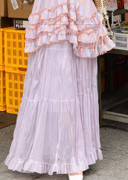 French Light Purple Ruffled Print Chiffon Two Pieces Set Summer