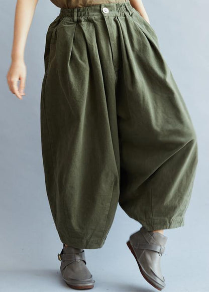 French Loose trousers vintage Arm Green Inspiration Elastic Waist wild pants - SooLinen