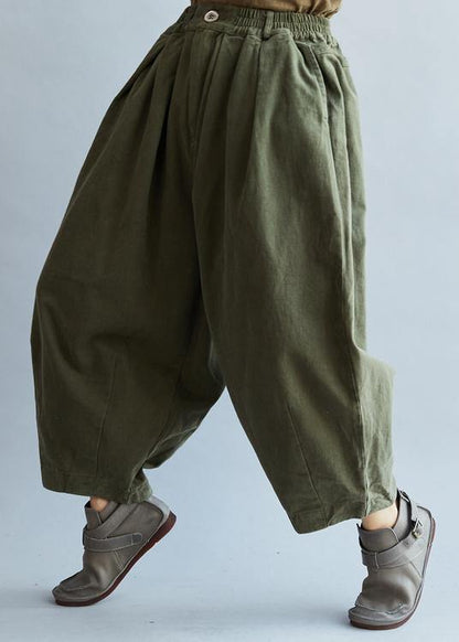 French Loose trousers vintage Arm Green Inspiration Elastic Waist wild pants - SooLinen