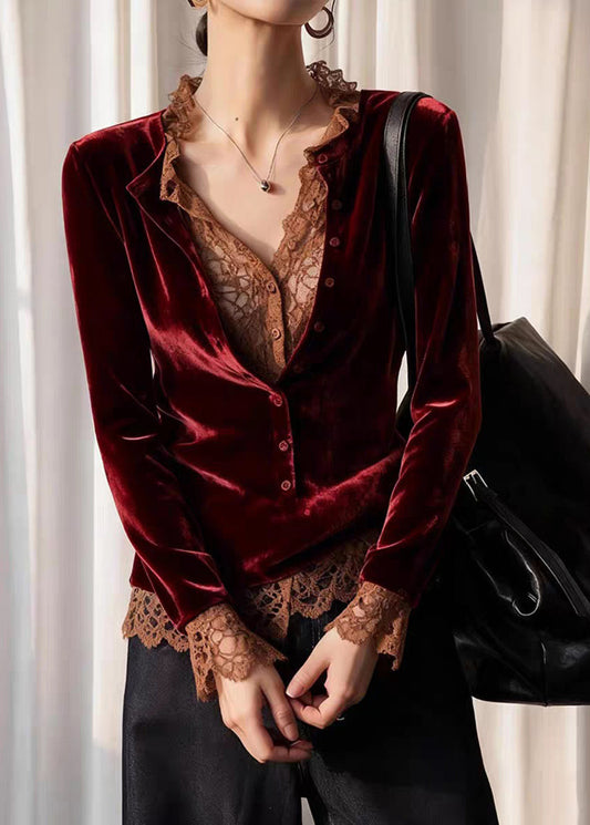 French Mulberry V Neck Lace Patchwork Silk Velour Shirt Spring