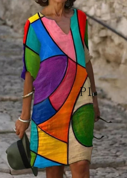 French Multicolor V Neck Print Cotton Shift Dresses Summer