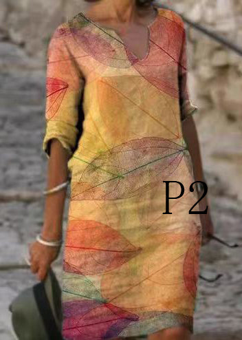 French Multicolor V Neck Print Cotton Shift Dresses Summer