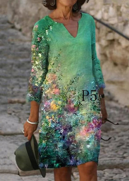 French Multicolor V Neck Print Cotton Shift Dresses Summer