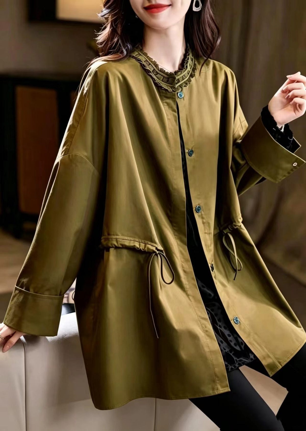 French Mustard Green Ruffled Stand Collar Drawstring Mid-Length Coats Fall
