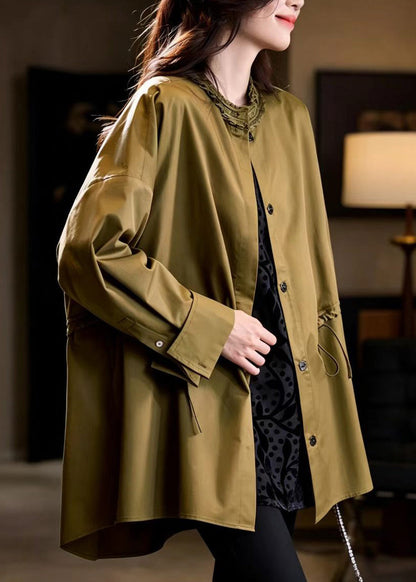 French Mustard Green Ruffled Stand Collar Drawstring Mid-Length Coats Fall