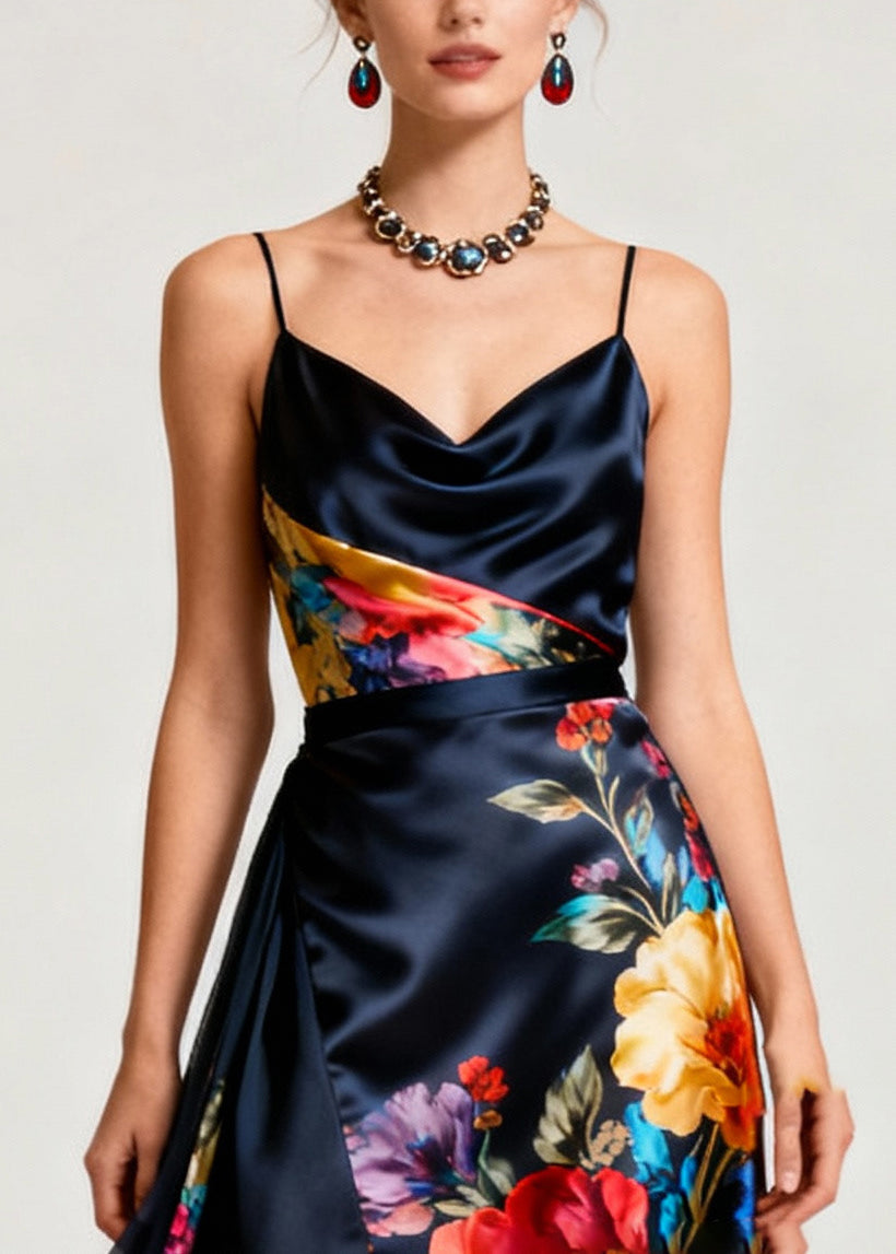 French Navy Asymmetrical Patchwork Print Silk Cami Dresses Summer