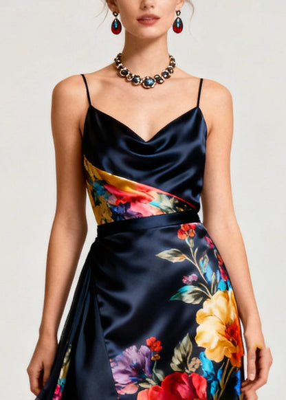 French Navy Asymmetrical Patchwork Print Silk Cami Dresses Summer