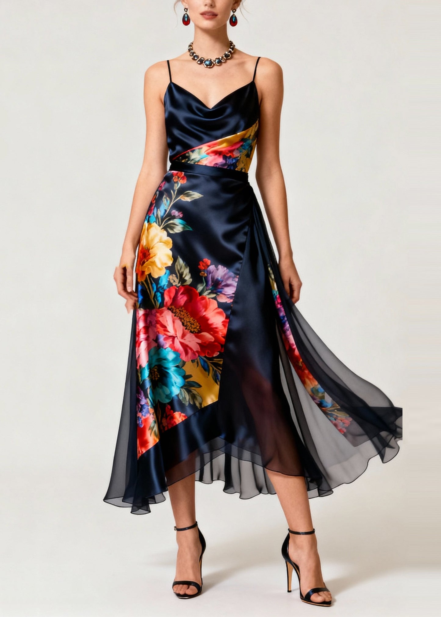 French Navy Asymmetrical Patchwork Print Silk Cami Dresses Summer