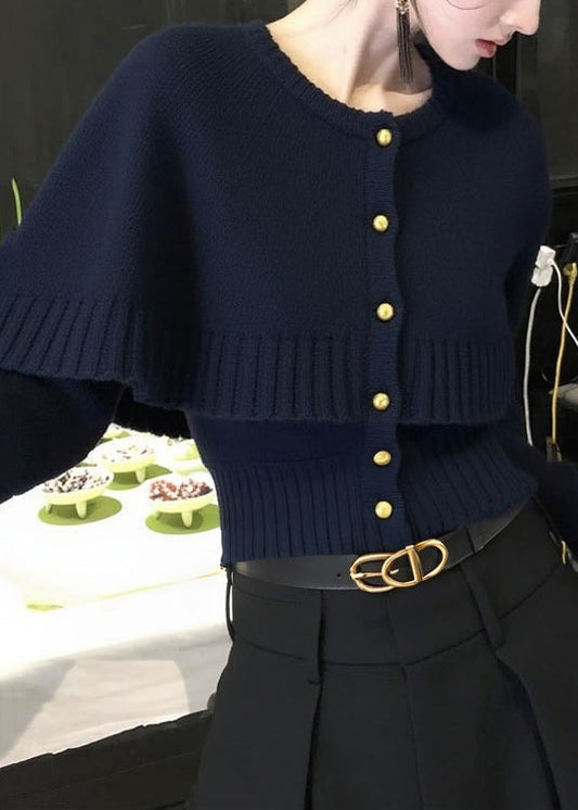 Französischer marineblauer zweiteiliger Strickcardigan mit Knopfleiste für den Winter