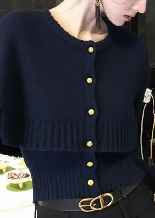Französischer marineblauer zweiteiliger Strickcardigan mit Knopfleiste für den Winter