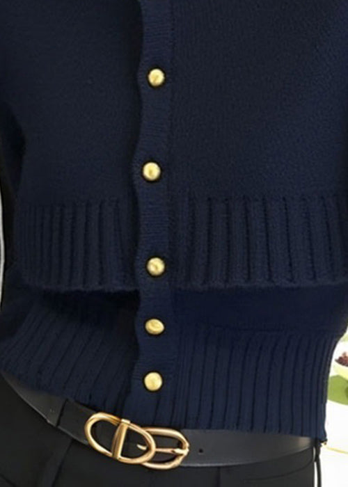 Französischer marineblauer zweiteiliger Strickcardigan mit Knopfleiste für den Winter