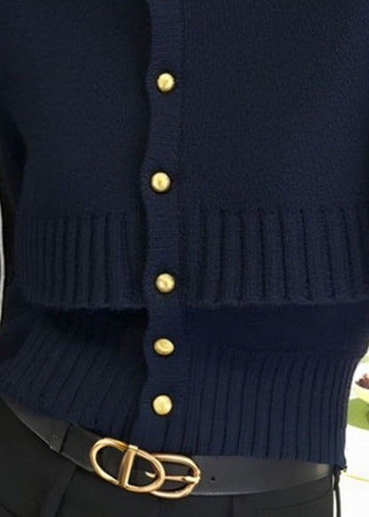 Französischer marineblauer zweiteiliger Strickcardigan mit Knopfleiste für den Winter