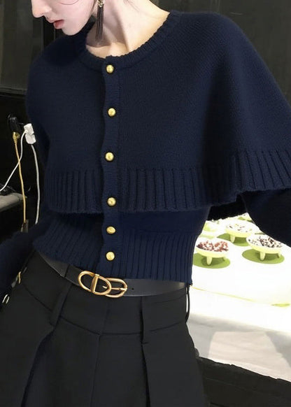 Französischer marineblauer zweiteiliger Strickcardigan mit Knopfleiste für den Winter