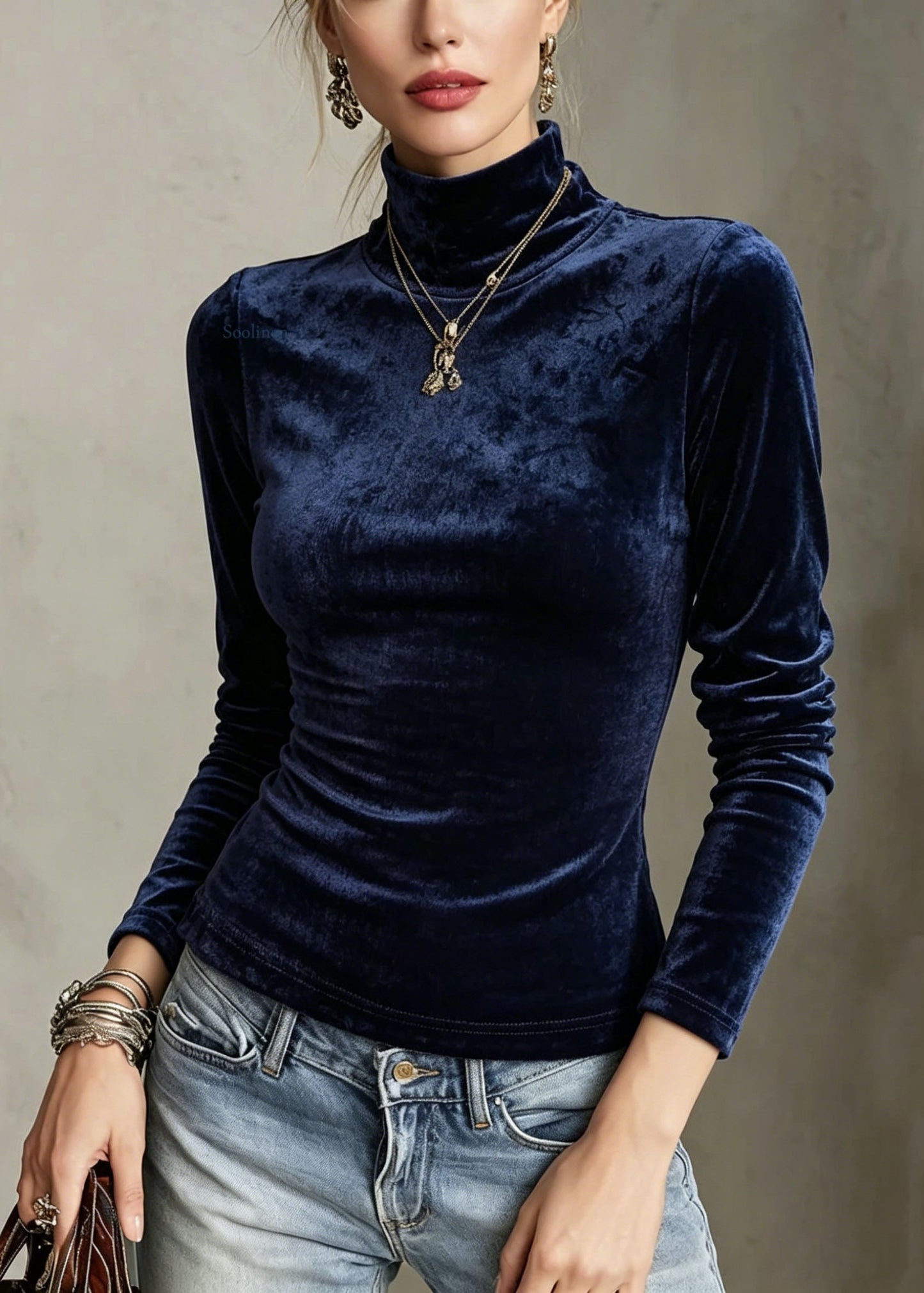 French Navy Hign Neck Slim Fit Velour Blouse Tops Fall