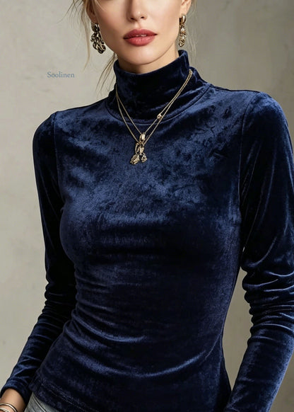 French Navy Hign Neck Slim Fit Velour Blouse Tops Fall